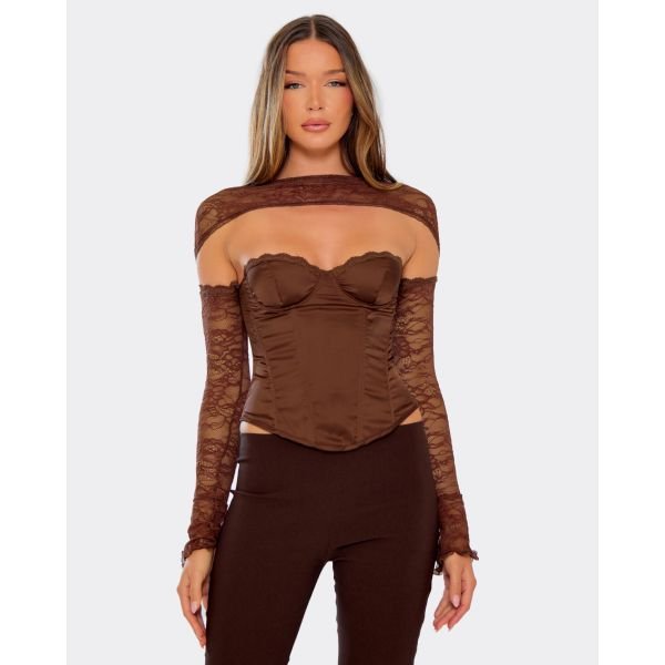 EGO Bandeau Structured Corset Top With Lace Sleeves In Chocolate Brown Satin, Women's Size UK 6 - 2