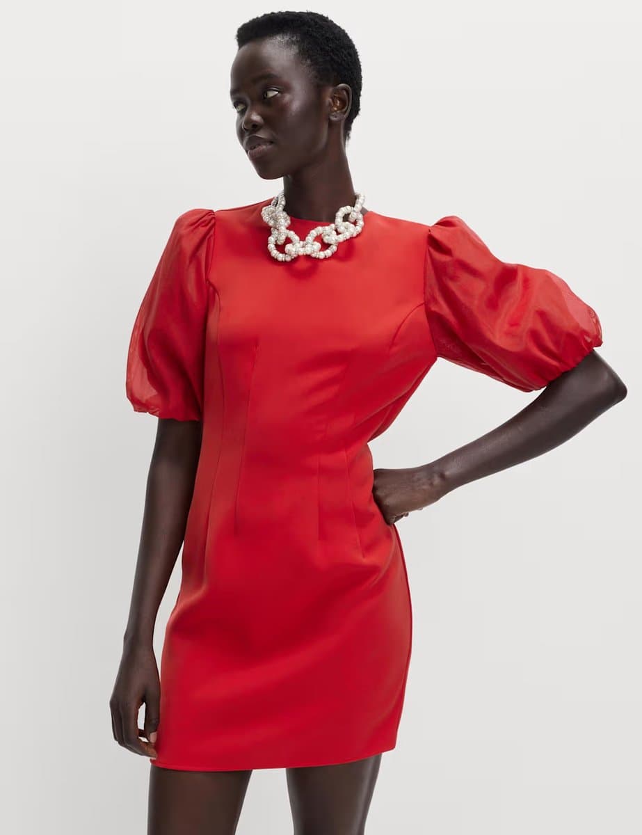 Marks & Spencer M&S Organza Puff Sleeve Mini Shift Dress Red