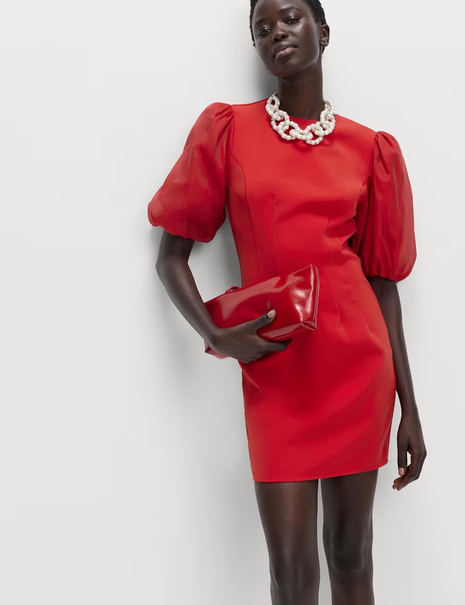 Marks & Spencer M&S Organza Puff Sleeve Mini Shift Dress Red - 3