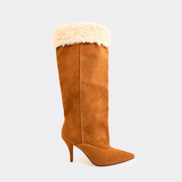 EGO Seattle Faux Fur Trim Pointed Toe Stiletto Heel Knee High Boot In Tan Brown Faux Suede, Women's Size UK 3 - 1