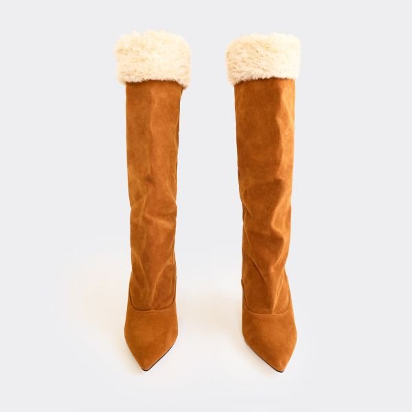 EGO Seattle Faux Fur Trim Pointed Toe Stiletto Heel Knee High Boot In Tan Brown Faux Suede, Women's Size UK 3 - 2