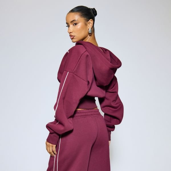 EGO Long Sleeve Contrast Stripe Graphic Detail Cinched Waist Zip Up Hoodie In Plum, Women's Size UK 6 - 2