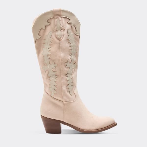 EGO Tonga Gold Embroidered Detail Knee High Western Cowboy Boot In Nude Faux Suede, Women's Size UK 3