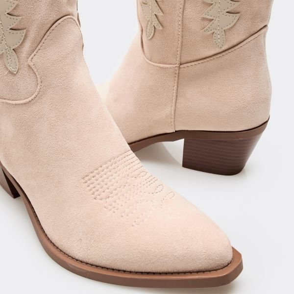 EGO Tonga Gold Embroidered Detail Knee High Western Cowboy Boot In Nude Faux Suede, Women's Size UK 3 - 2