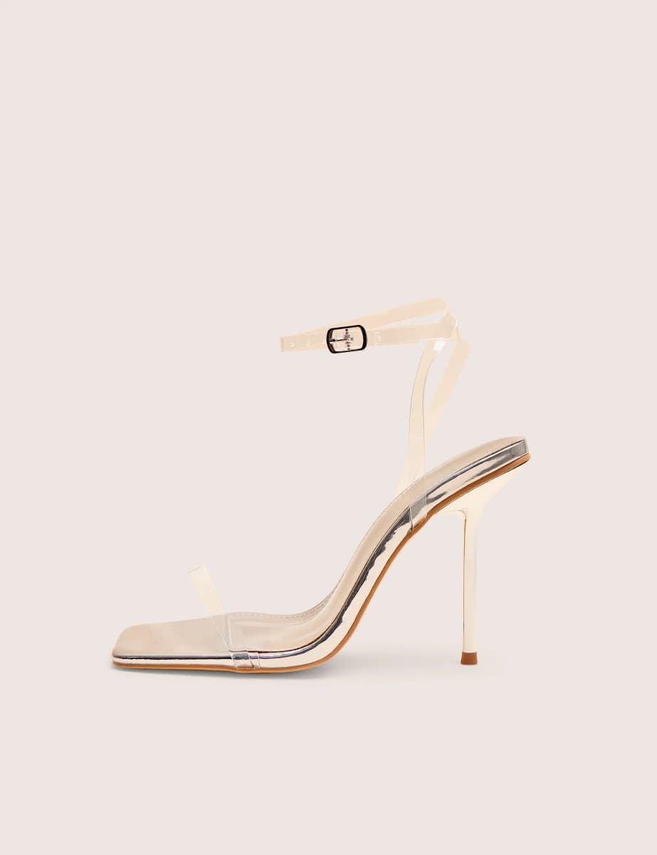 Public Desire Rya Silver Mirror Square Toe Strappy Barely There Stiletto High Heels