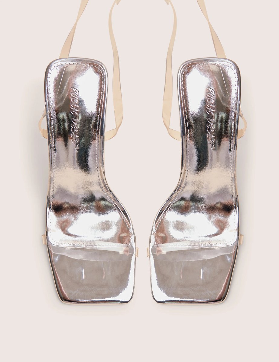 Public Desire Rya Silver Mirror Square Toe Strappy Barely There Stiletto High Heels - 2