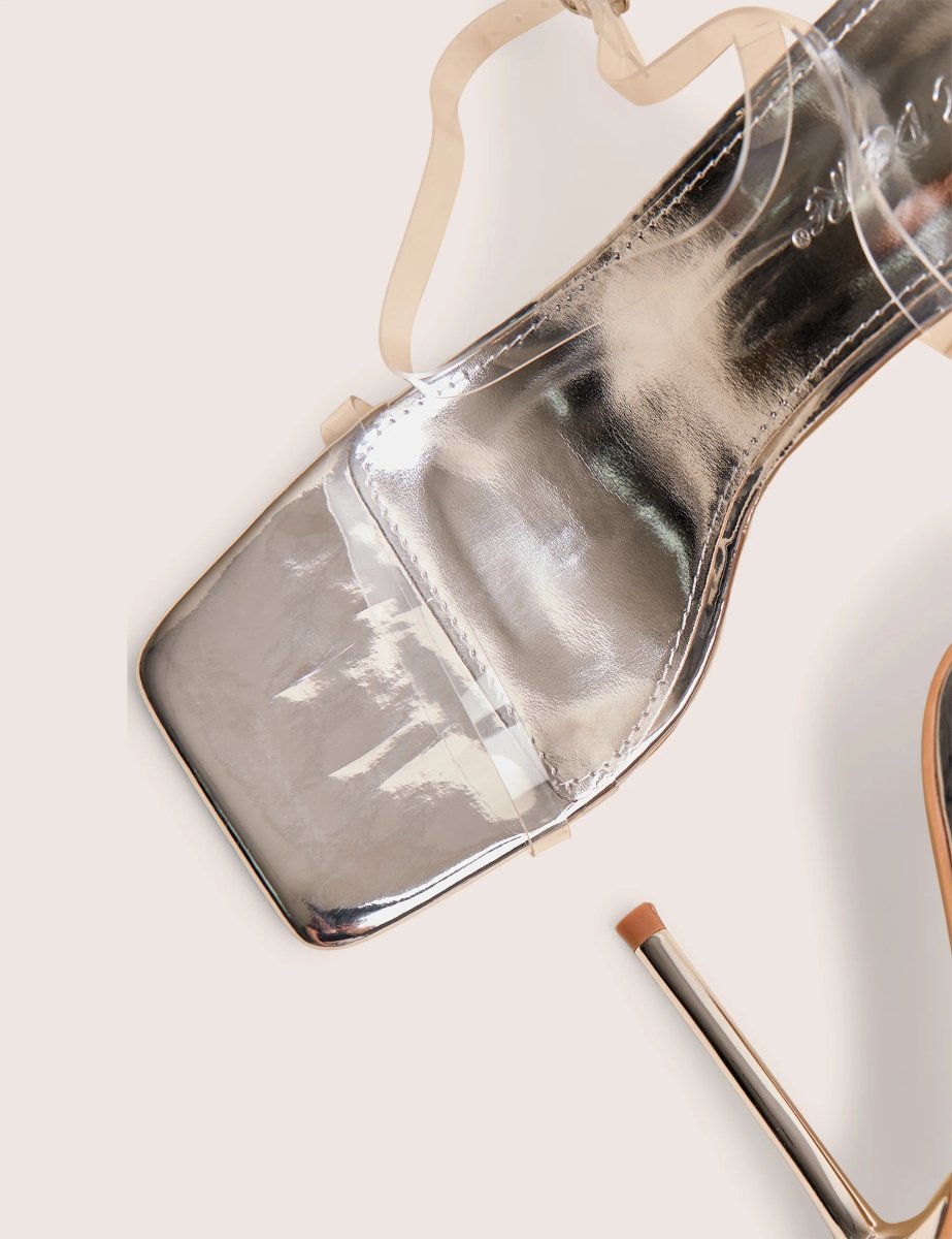 Public Desire Rya Silver Mirror Square Toe Strappy Barely There Stiletto High Heels - 4