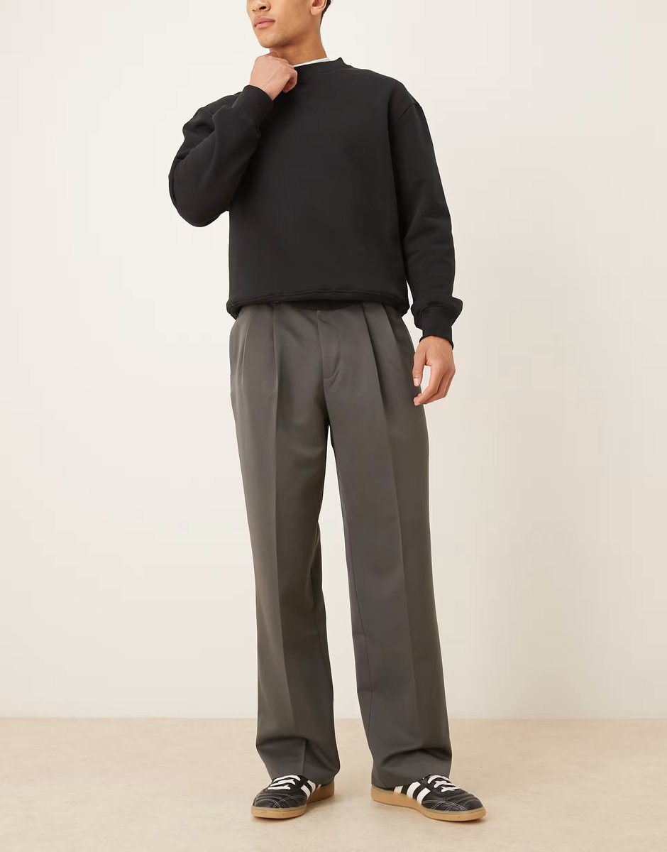 ASOS ASOS DESIGN smart wide leg trousers with double pleat and back pocket details in charcoal - 2