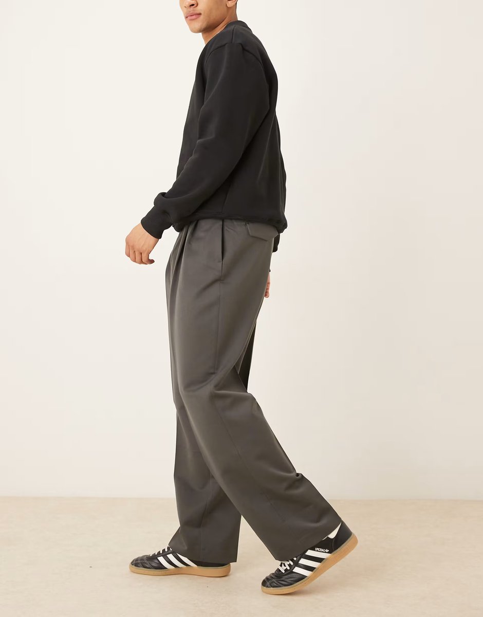 ASOS ASOS DESIGN smart wide leg trousers with double pleat and back pocket details in charcoal - 3