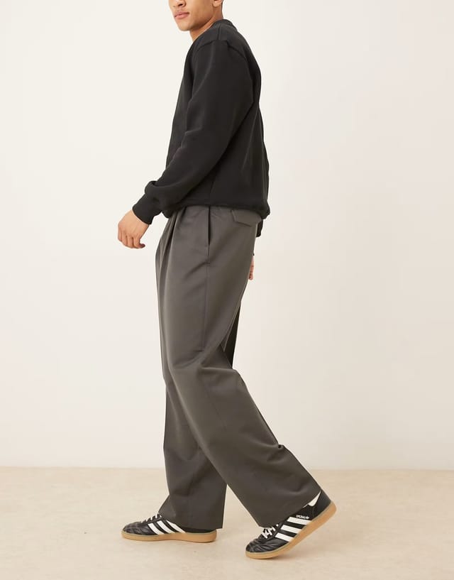 ASOS ASOS DESIGN smart wide leg trousers with double pleat and back pocket details in charcoal - 3