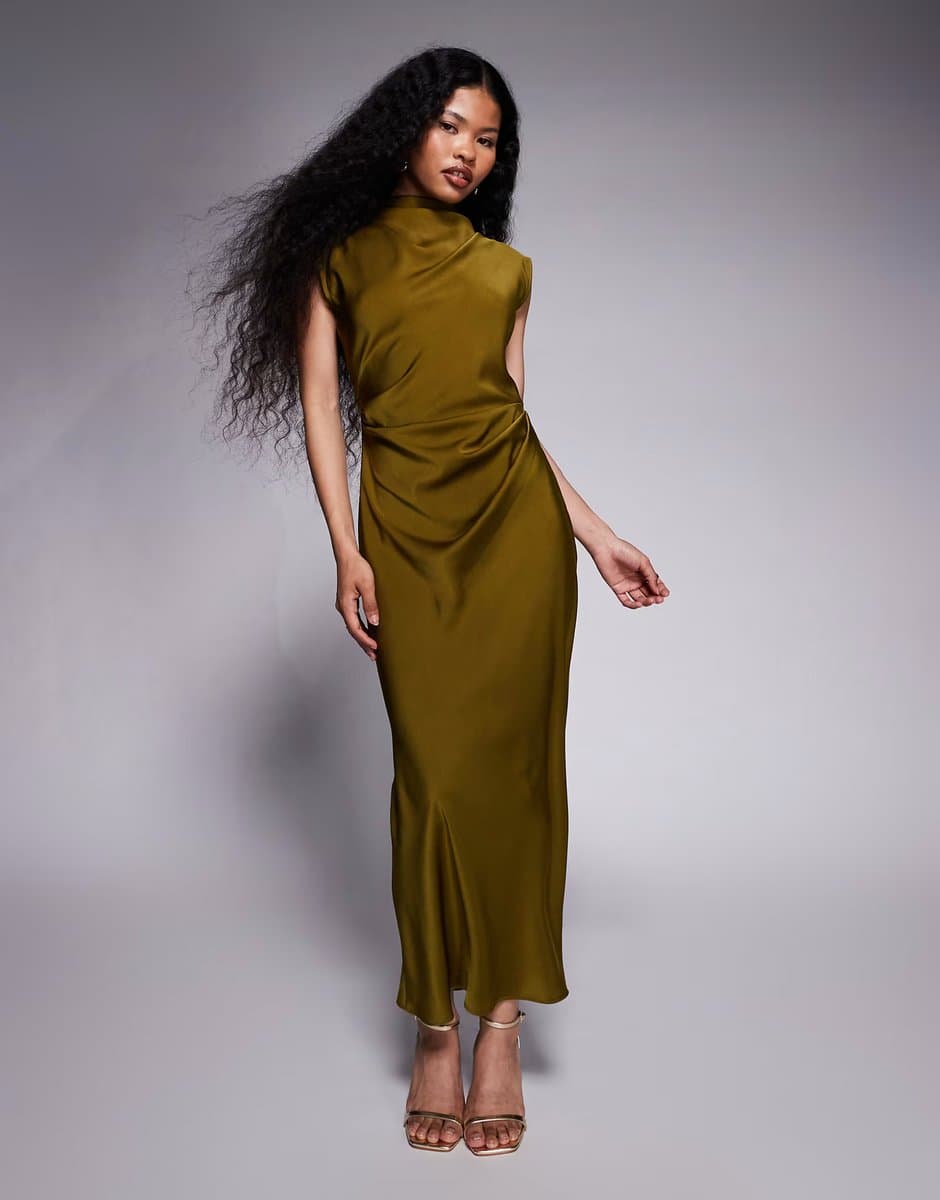 ASOS ASOS DESIGN Petite satin high neck pleated bodice midi dress in green