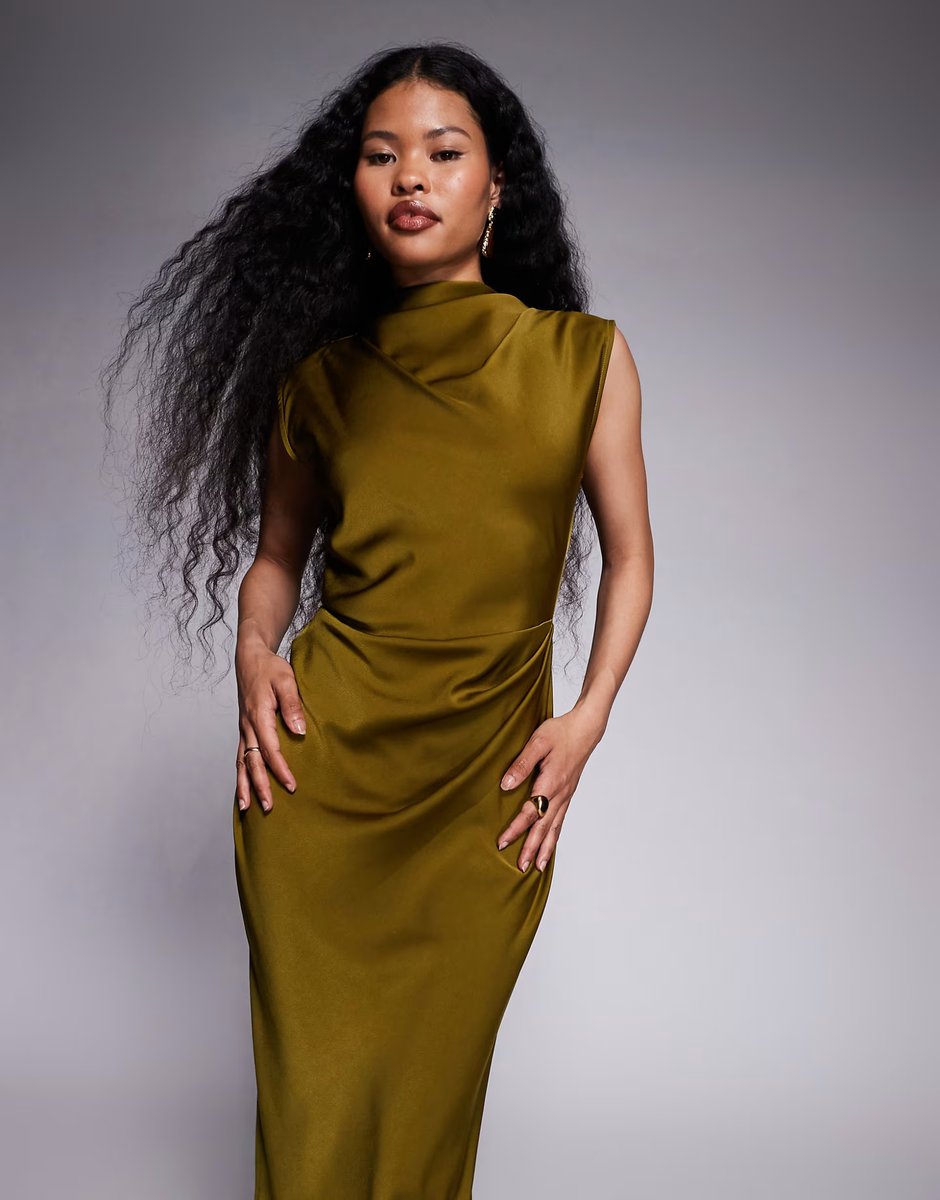 ASOS ASOS DESIGN Petite satin high neck pleated bodice midi dress in green - 4