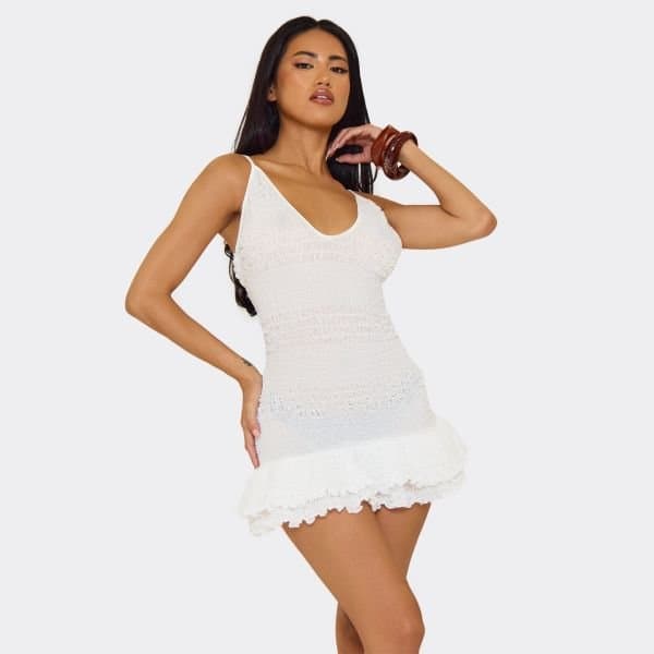 EGO Plunge Front Frill Hem Detail Mini Dress In White Metallic Texture, Women's Size UK 6