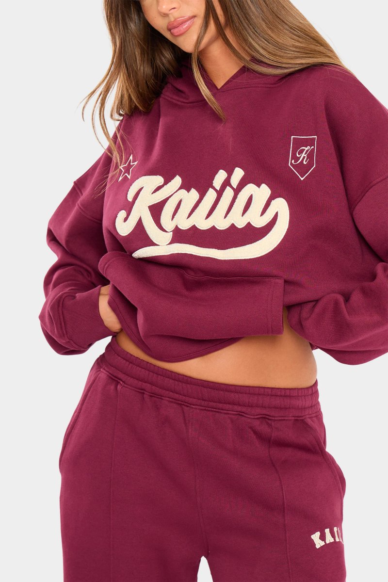 Kaiia Kaiia Borg Varsity Oversized Hoodie Burgundy & Cream - 2