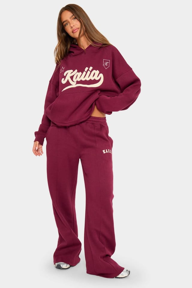 Kaiia Kaiia Borg Varsity Oversized Hoodie Burgundy & Cream - 3