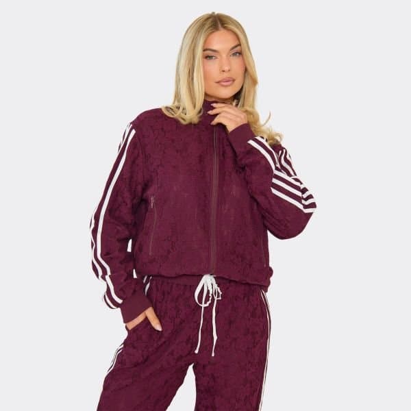 EGO Long Sleeve Contrast Stripe Boxy Double Zip Up Jacket In Plum Floral Crochet, Women's Size UK 6