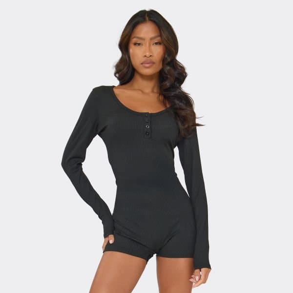 EGO Long Sleeve Scoop Neck Button Front Detail Pyjama Romper In Black, Women's Size UK Large L