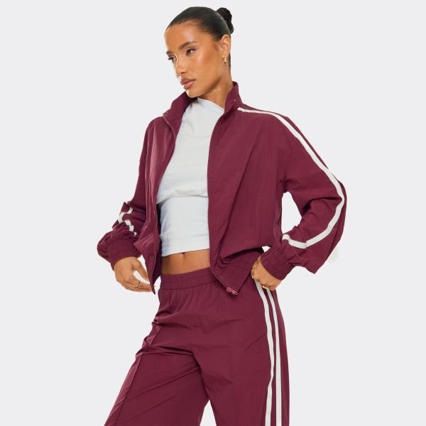 EGO Long Sleeve Contrast Stripe Detail Zip Up Front Oversized Shell Jacket In Plum, Women's Size UK 8 - 1