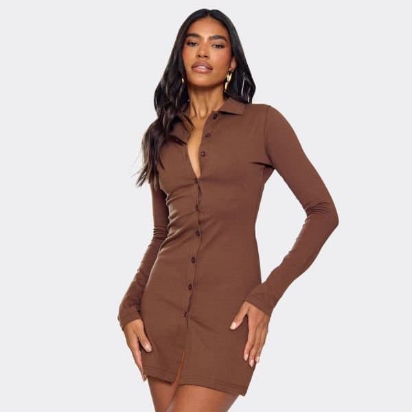 EGO Long Sleeve Button Front Collared Detail Shirt Dress In Chocolate Brown, Women's Size UK 6