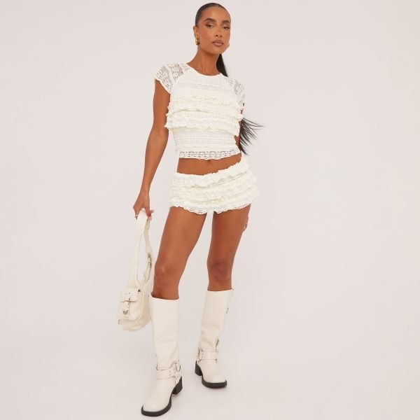 EGO Low Rise All Over Frill Detail Booty Shorts In Cream Texture, Women's Size UK 14 - 2