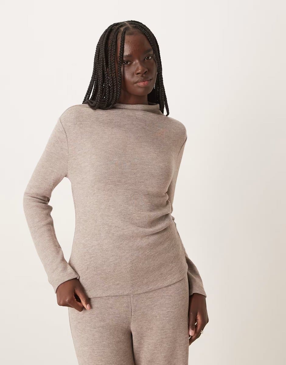 ASOS Mango Canela ruched side long sleeve top co-ord in oatmeal