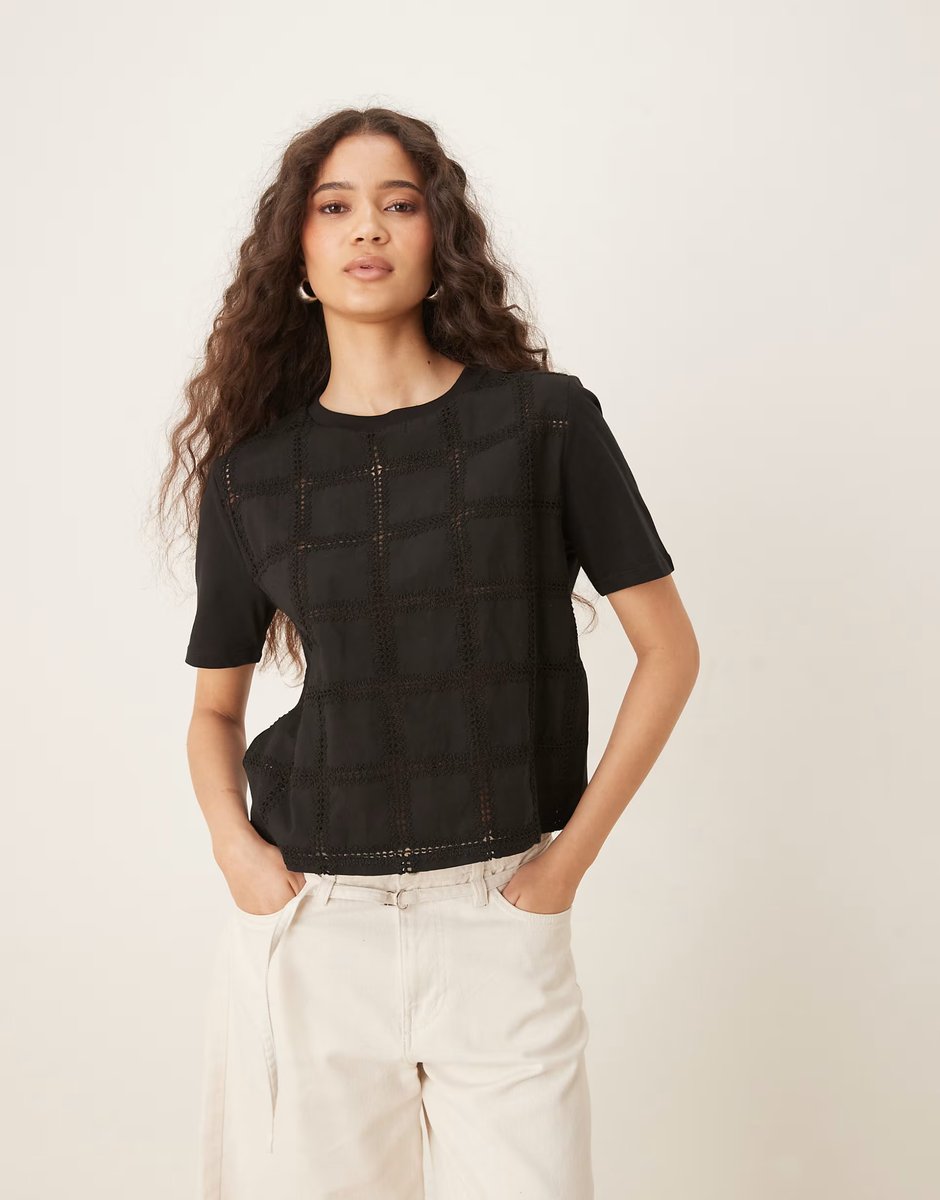 ASOS Mango crochet detail relaxed fit t-shirt in black - 1