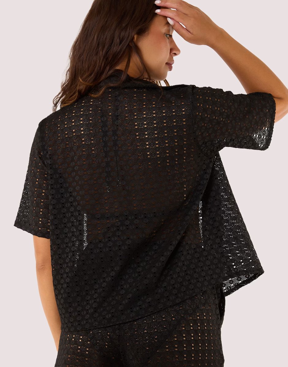 ASOS Wolf & Whistle Onyx crochet beach shirt in black - 2