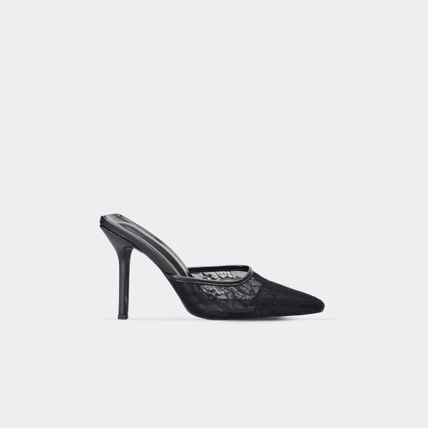 EGO Manon Pointed Lace Toe Heel Mule In Black Faux Leather, Women's Size UK 3 - 1