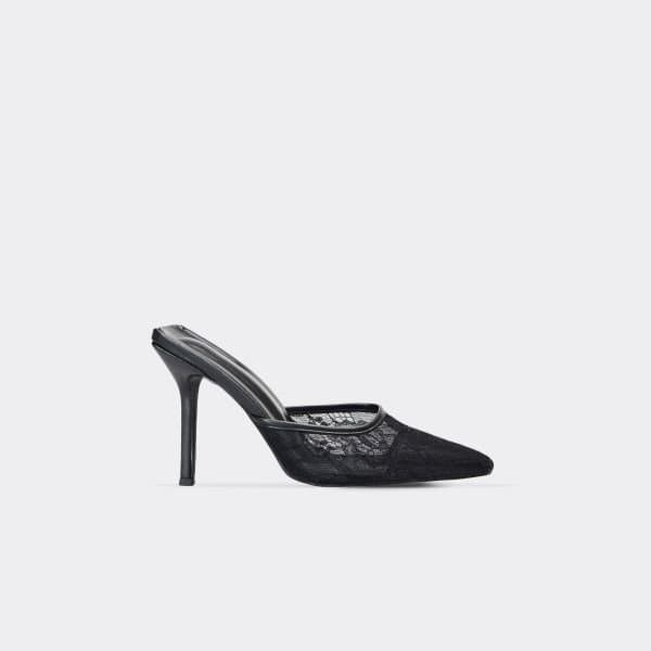 EGO Manon Pointed Lace Toe Heel Mule In Black Faux Leather, Women's Size UK 3