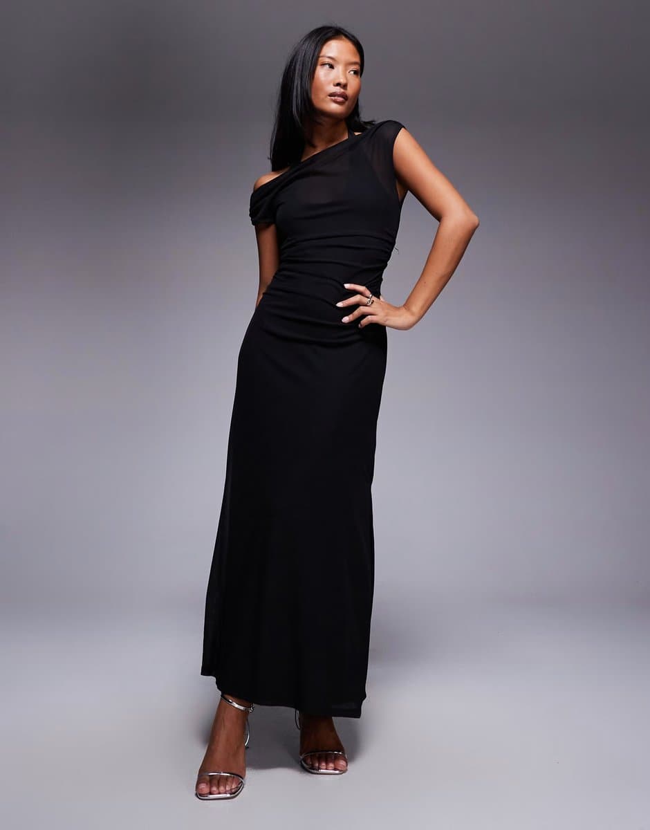 ASOS Forever New Petite Brooklyn double layered mesh midaxi dress in black