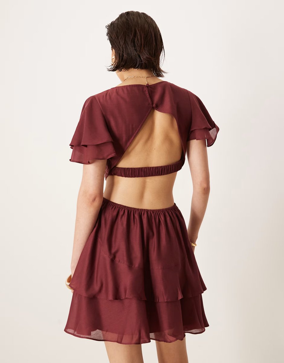 ASOS ASOS DESIGN v neck angel sleeve cut out mini dress in deep grape - 3