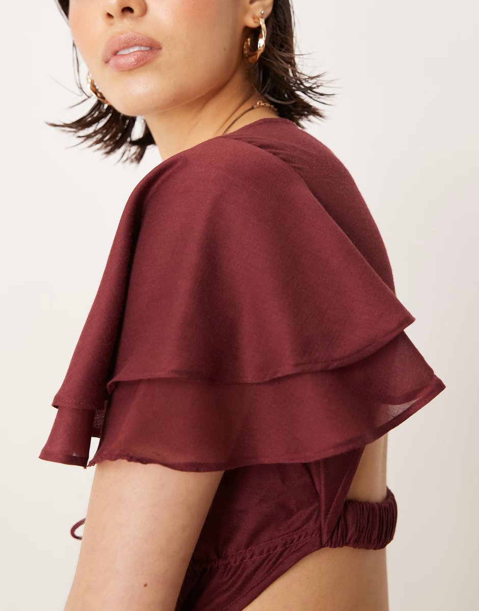 ASOS ASOS DESIGN v neck angel sleeve cut out mini dress in deep grape - 4