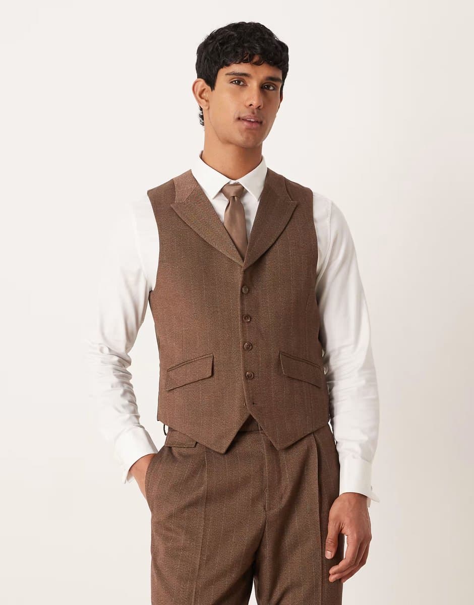 ASOS ASOS DESIGN slim wool look suit waistcoat in brown twill herringbone