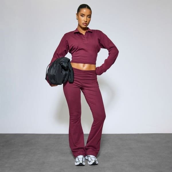 EGO Low Rise Foldover Waist Flared Leg Trousers In Plum, Women's Size UK 6 - 1