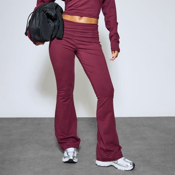 EGO Low Rise Foldover Waist Flared Leg Trousers In Plum, Women's Size UK 6 - 2