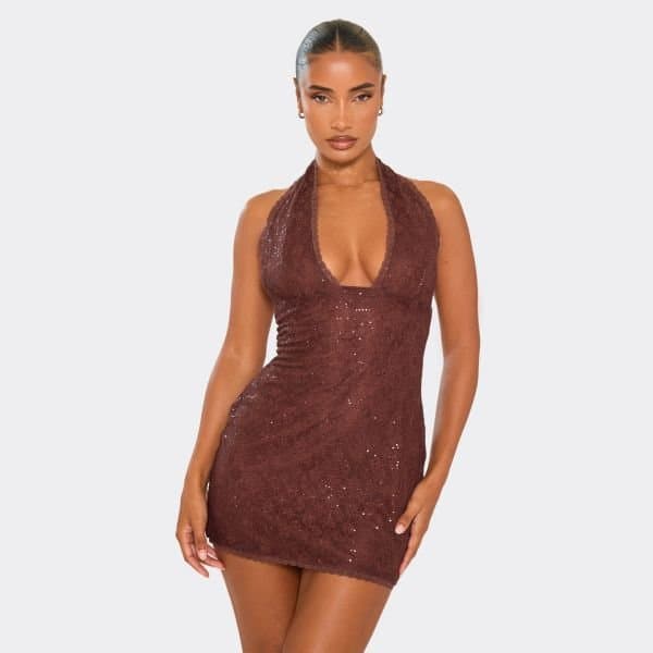 EGO Plunge Halterneck Mini Dress In Brown Sequin Lace, Women's Size UK 6