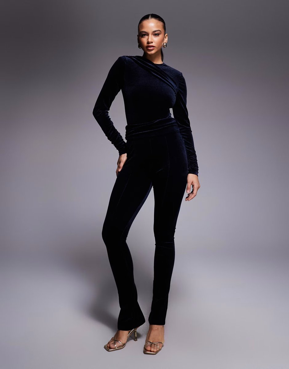 ASOS Ruched & Ready removable shoulder pad detail drape front long sleeve sculpting velvet body, maxi skirt and leggings co-o - 2