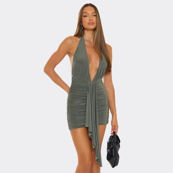 EGO Halterneck Plunge Ruched Drape Detail Mini Dress In Khaki Green, Women's Size UK 6 - 1