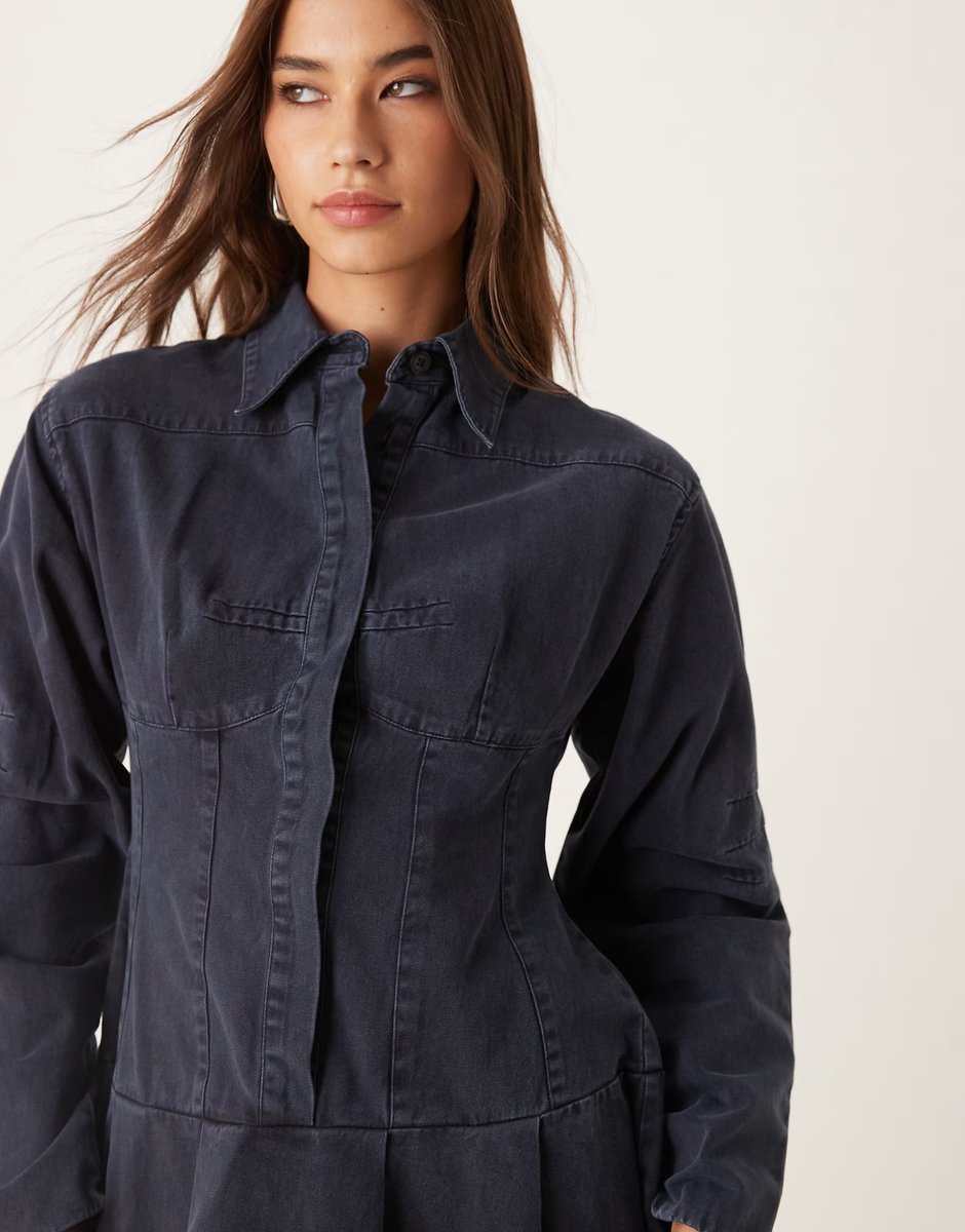 ASOS ASOS DESIGN cinched long sleeve mini shirt dress in navy - 3
