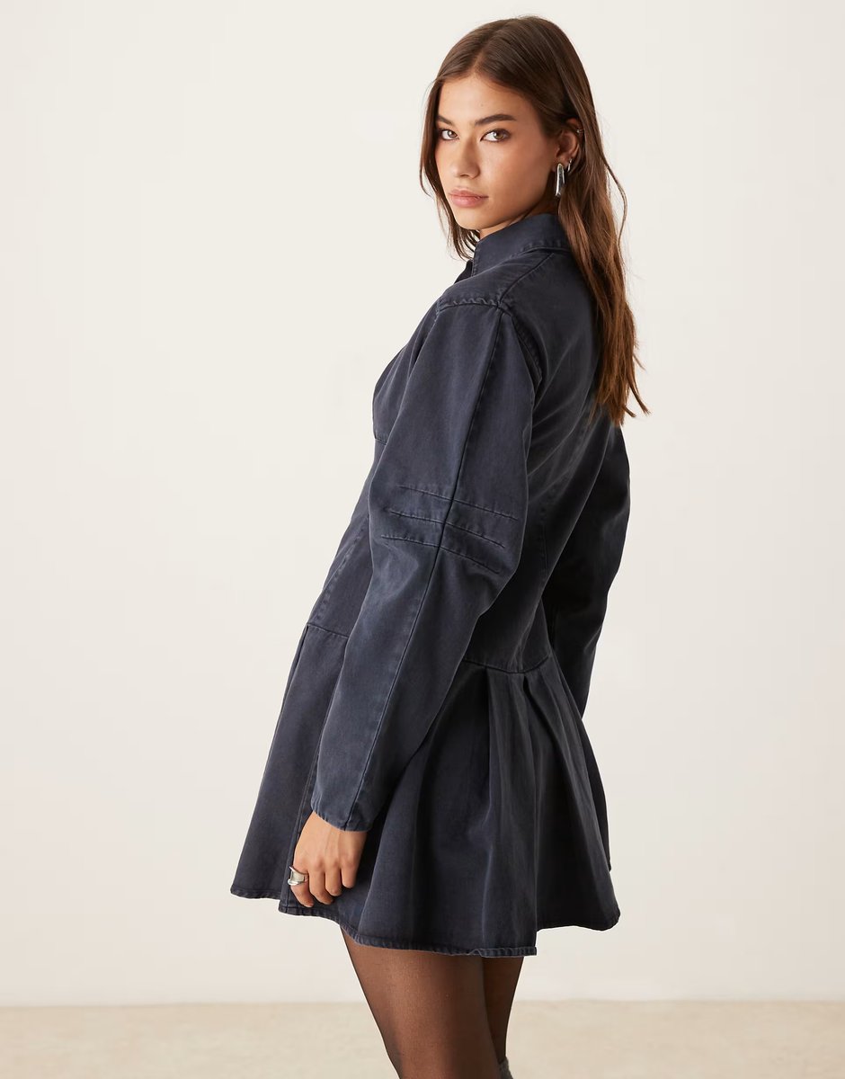 ASOS ASOS DESIGN cinched long sleeve mini shirt dress in navy - 4