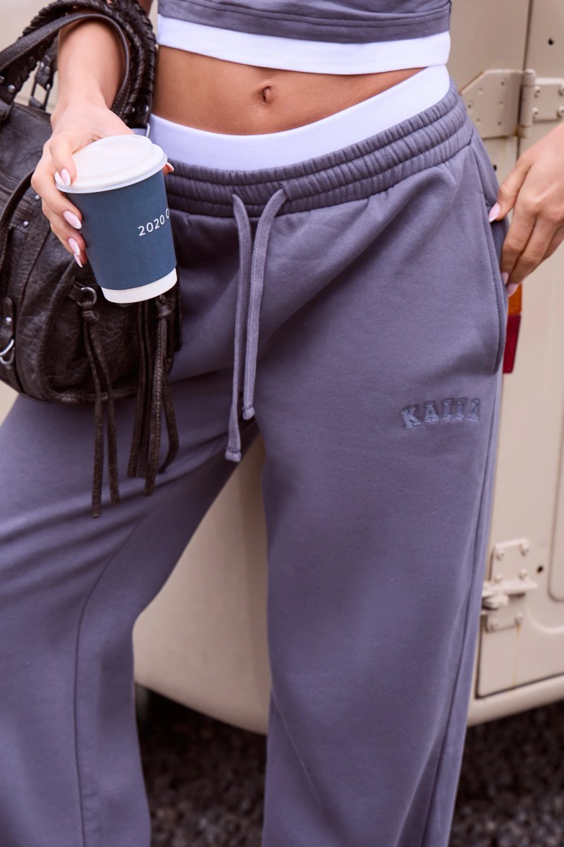 Kaiia Kaiia High Waisted Double Waistband Joggers Petrol Grey - 3