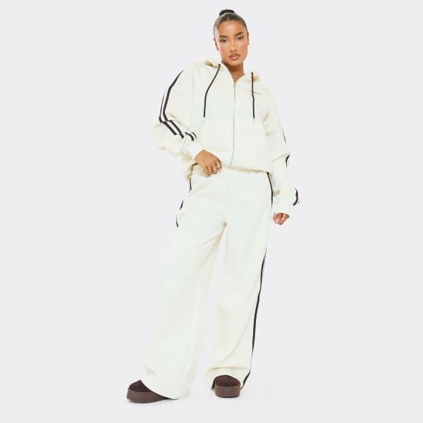 EGO Mid Waist Contrast Piping Detail Wide Leg Joggers In Cream, Women's Size UK 6