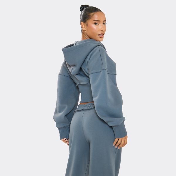 EGO Balloon Sleeve Cinched Waist Distressed Detail Zip Up Hoodie In Steel Blue, Women's Size UK 6 - 2