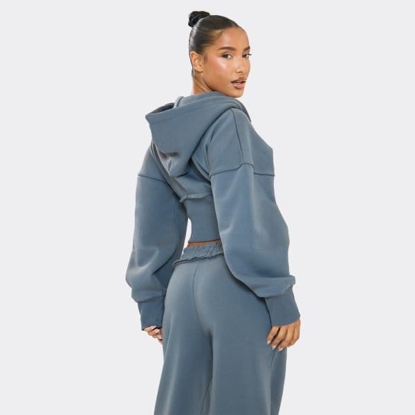 EGO Balloon Sleeve Cinched Waist Distressed Detail Zip Up Hoodie In Steel Blue, Women's Size UK 6 - 2