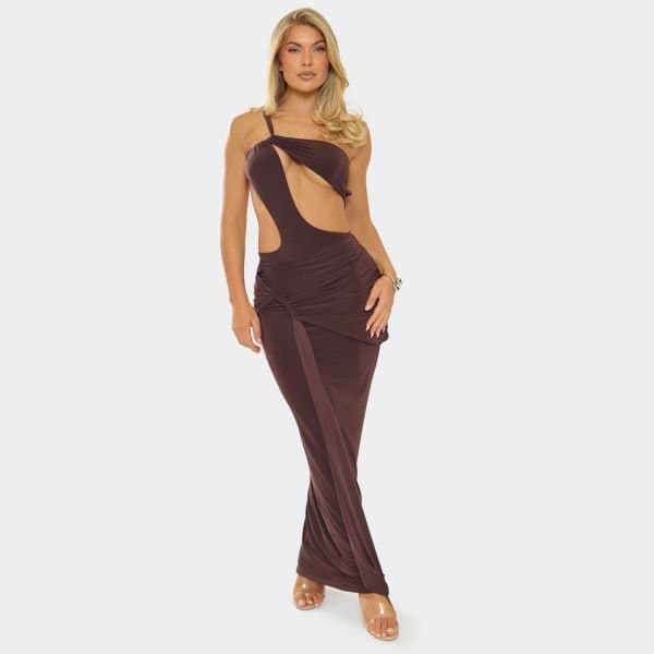 EGO Mid Rise Drape Detail Maxi Skirt In Chocolate Brown, Women's Size UK 6