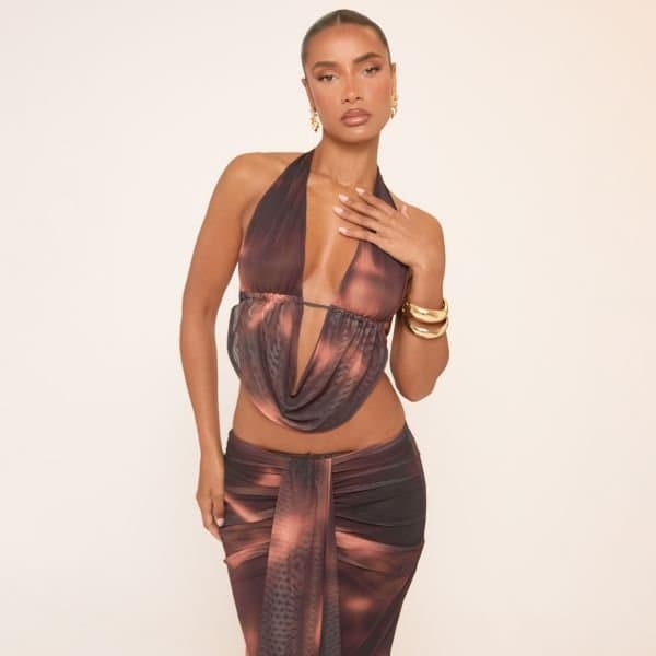 EGO Halterneck Cowl Front Top In Black Printed Mesh, Women's Size UK 10