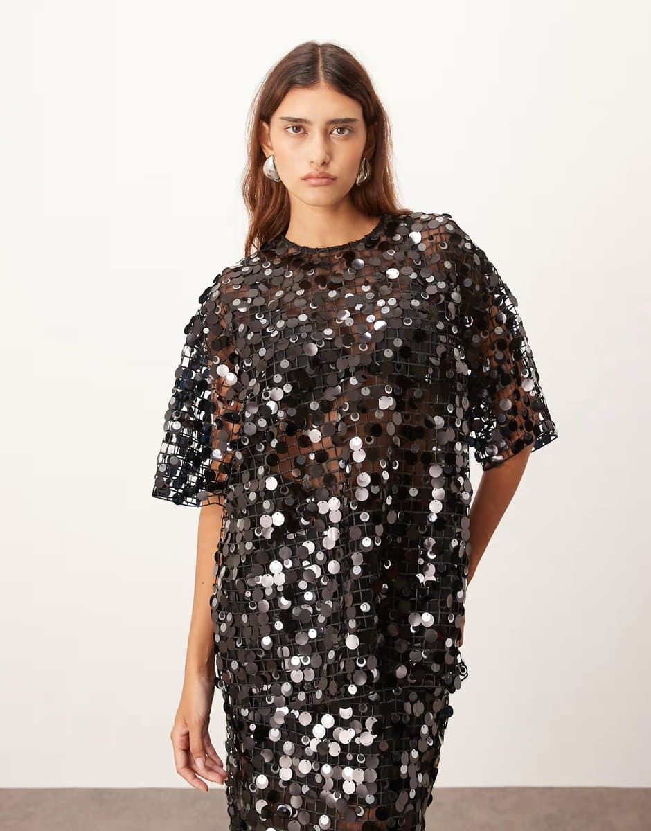ASOS ARRANGE sheer grid sequin tee co ord  in black