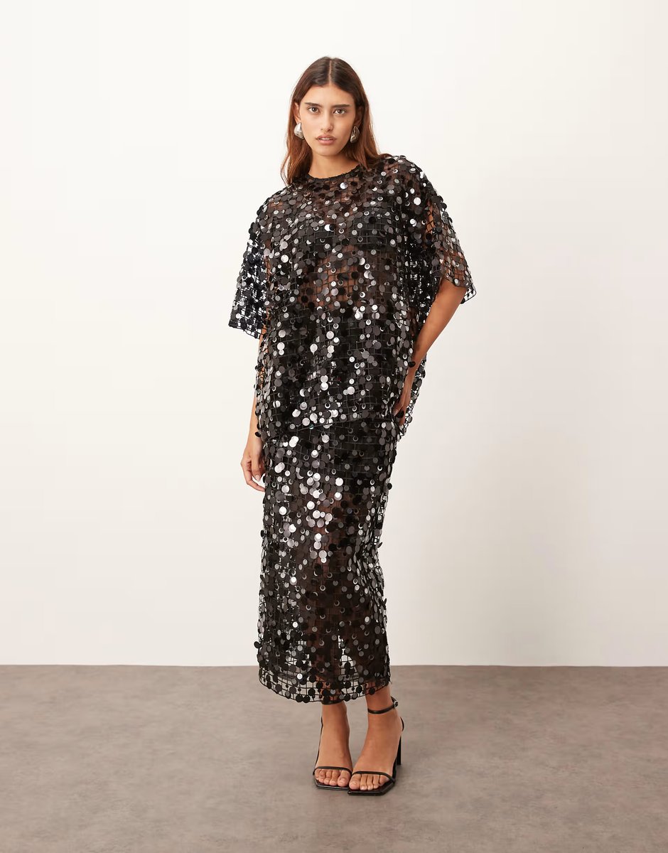 ASOS ARRANGE sheer grid sequin tee co ord  in black - 3
