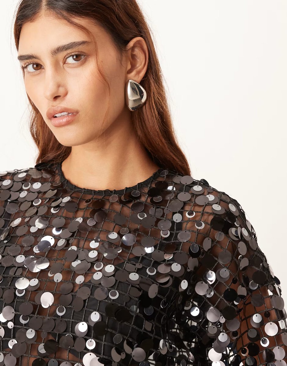 ASOS ARRANGE sheer grid sequin tee co ord  in black - 4