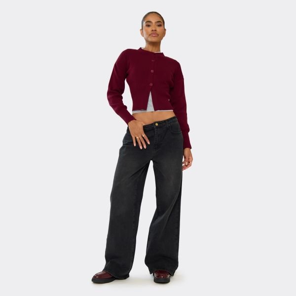 EGO Long Sleeve Button Front Cinched Waist Cardigan In Burgundy Knit, Women's Size UK Large L - 2
